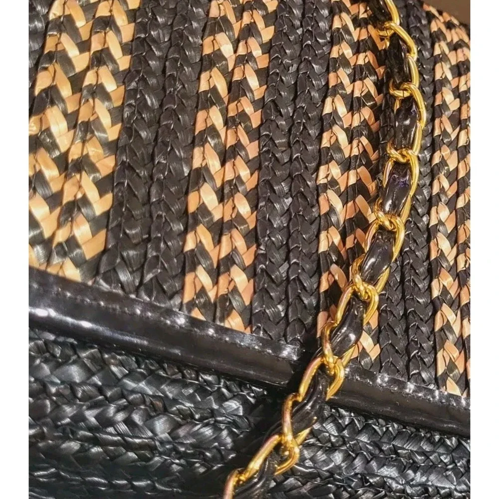 Deena &‎ Ozzy Wheat Straw Paille De Ble Shoulder Bag Golden Chain Woven - Picture 2 of 16